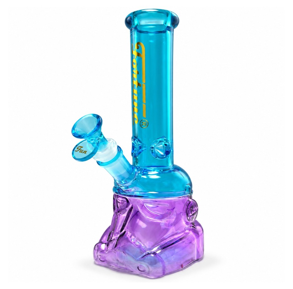 Blue Fortune Glass Helmet Bong with sculpted purple helmet base and blue handled glass bowl