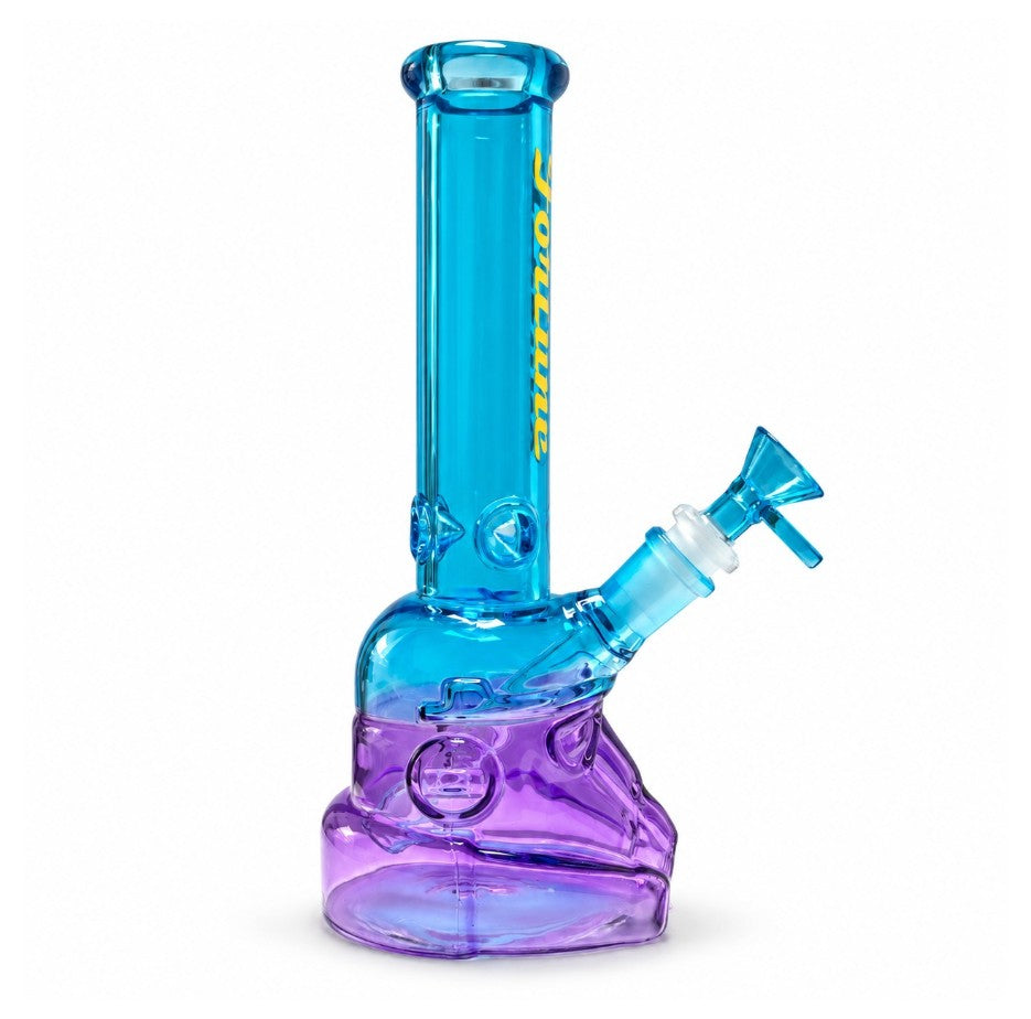 Side view of the blue Fortune Glass Helmet Bong with purple helmet base and removable downstem