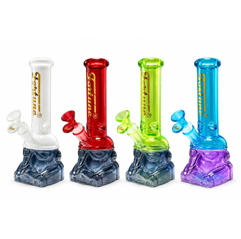 Four Fortune Glass Helmet Bongs with white, red, green and blue necks above sculpted helmet bases
