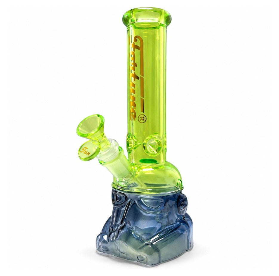 Green Fortune Glass Helmet Bong with smoky grey sculpted base, green handled bowl and gold neck logo