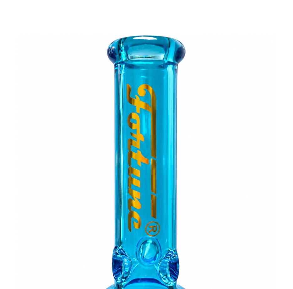 Close-up of the blue Fortune Glass Helmet Bong neck showing gold logo and built-in ice pinches