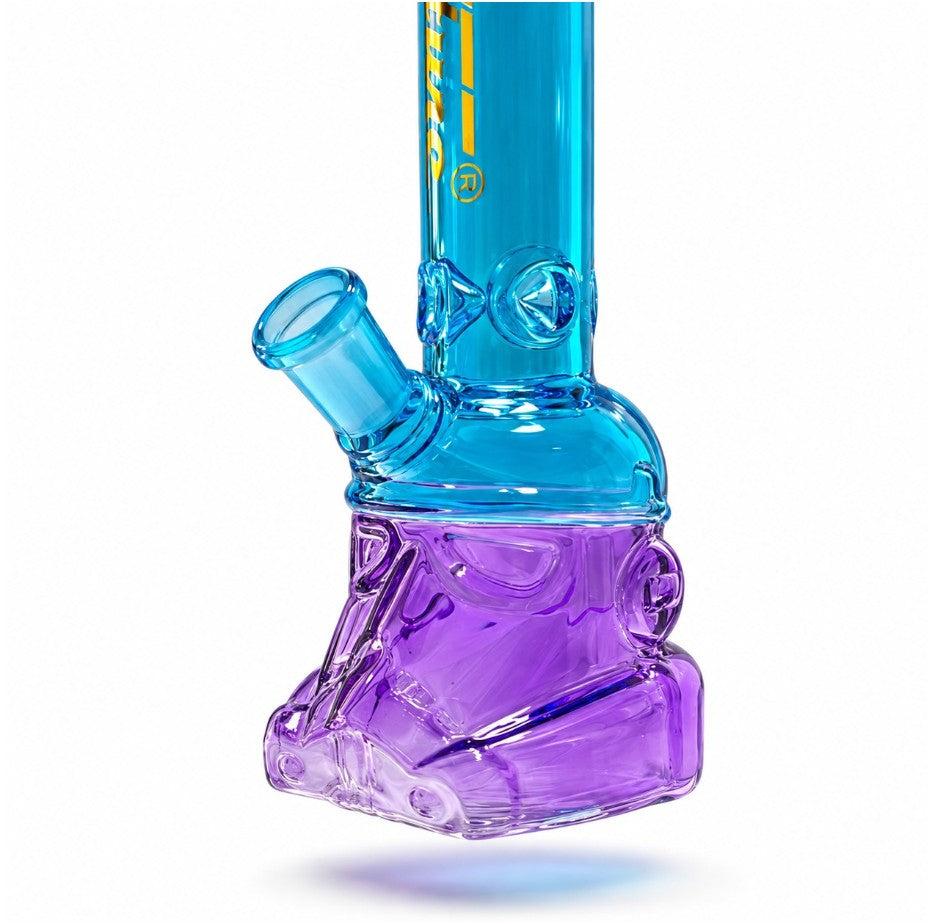 Close-up of the purple sculpted helmet base and blue glass joint on the Fortune Glass Helmet Bong