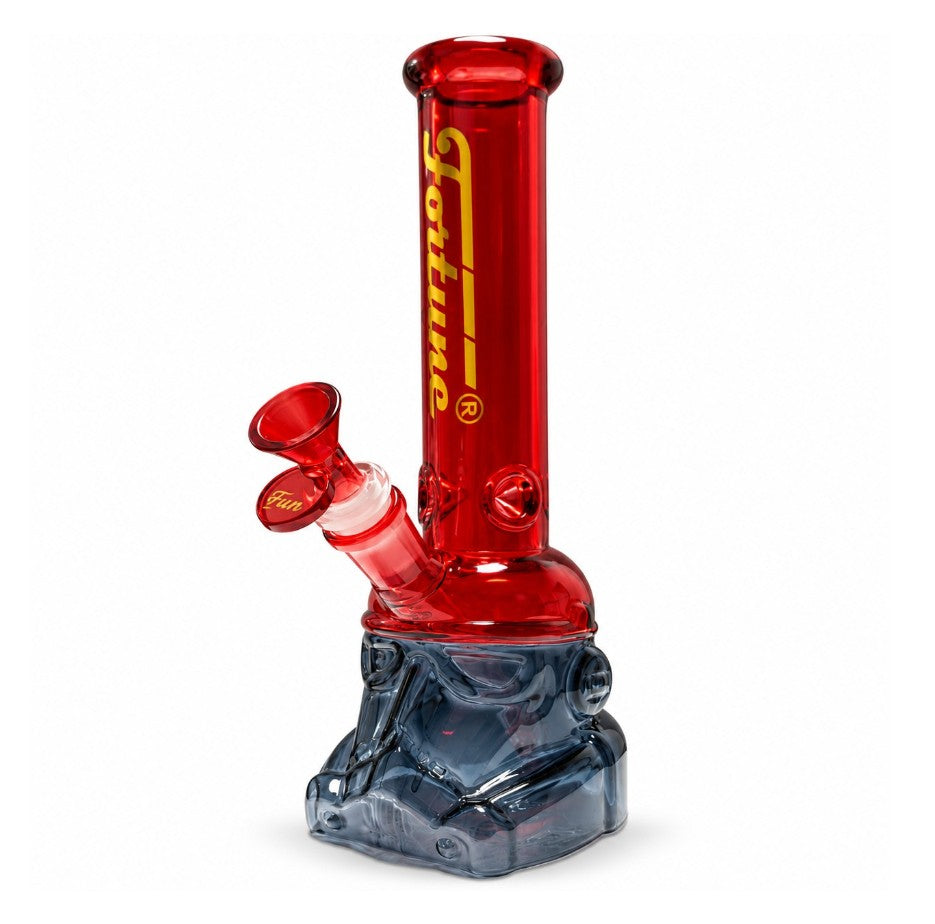 Red Fortune Glass Helmet Bong with smoky grey helmet base, matching red handled bowl and gold Fortune logo