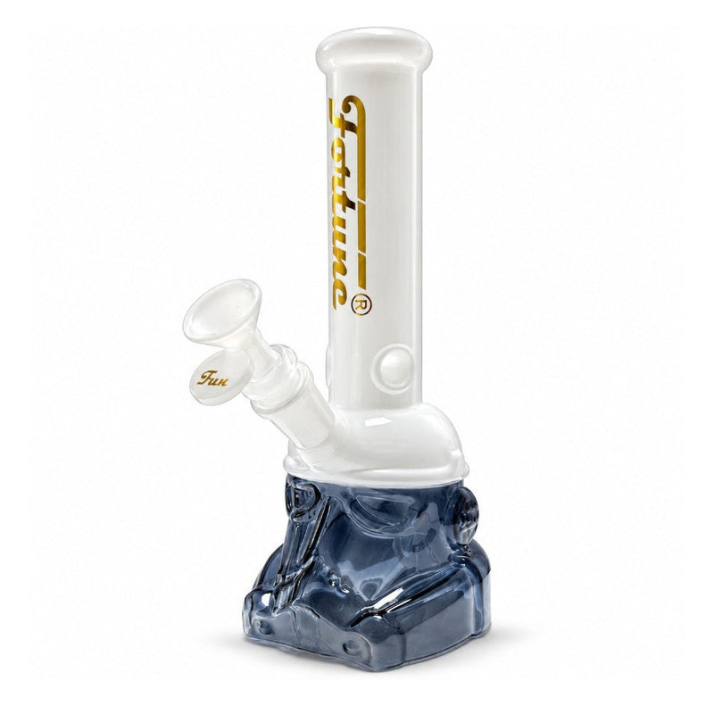 White Fortune Glass Helmet Bong with smoky grey helmet base, gold neck logo and white handled bowl
