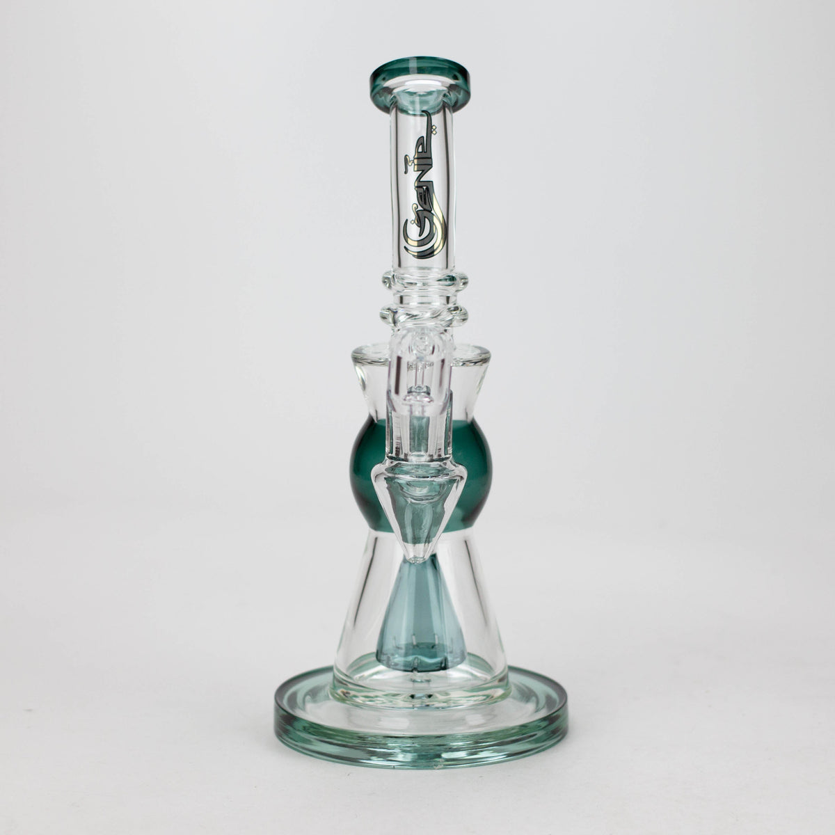 Front View of the Genie 9.5 inch Shower head Diffuser Dab Rig in Green