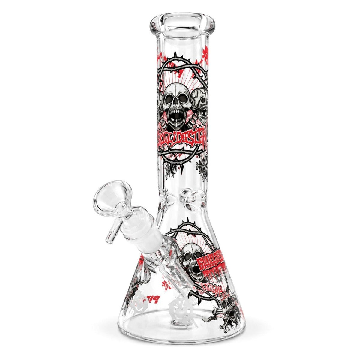 Design A skull beaker bong with screaming skulls, black thorn-ring graphics and red lettering on clear glass