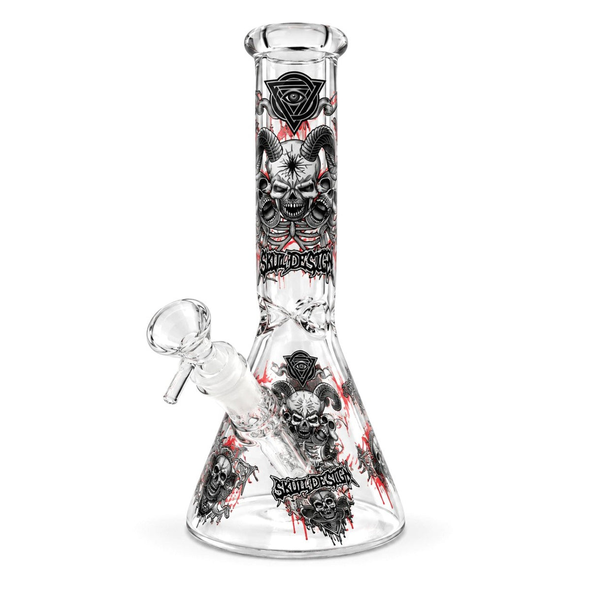 Design B skull beaker bong with horned skull artwork, triangular eye symbols and red accents on clear glass