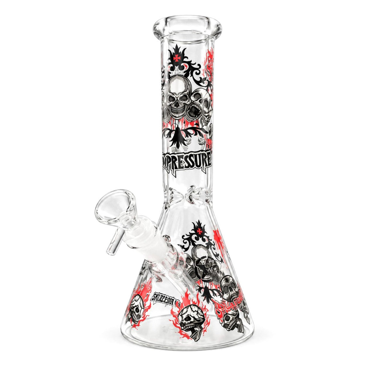 Design C skull beaker bong with clustered skull graphics, black flourishes and red accents on clear glass