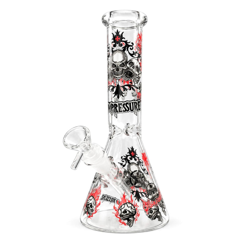 Design C skull beaker bong with clustered skull graphics, black flourishes and red accents on clear glass