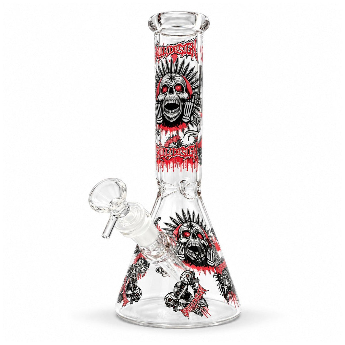 Design D skull beaker bong with red-eyed skulls, radiating black spikes and red lettering on clear glass