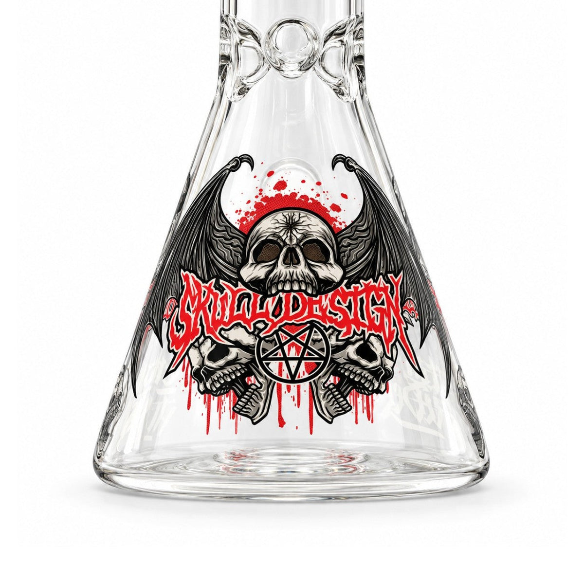 Close-up of design E’s beaker base with winged skull artwork, red lettering and a pentagram