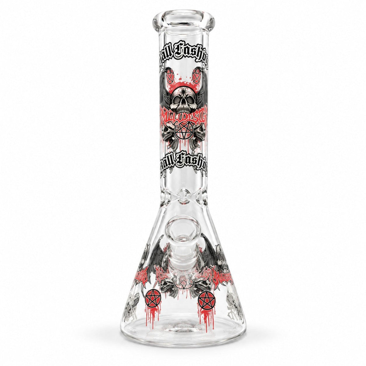 Front view of design E’s skull and red pentagram artwork, showing the bowl-facing side of the glass beaker bong