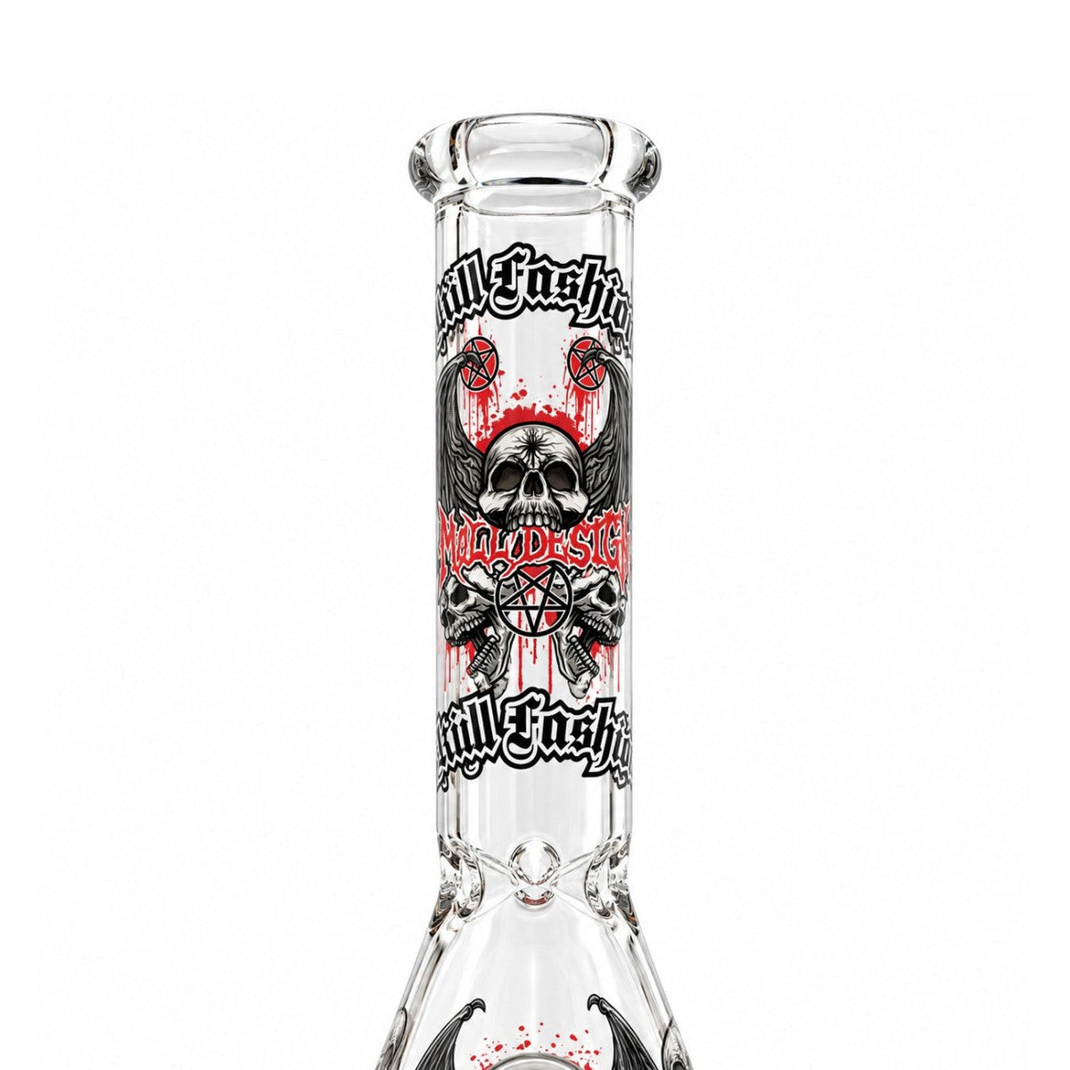 Close-up of design E’s skull-printed neck with clear ice pinches below the artwork
