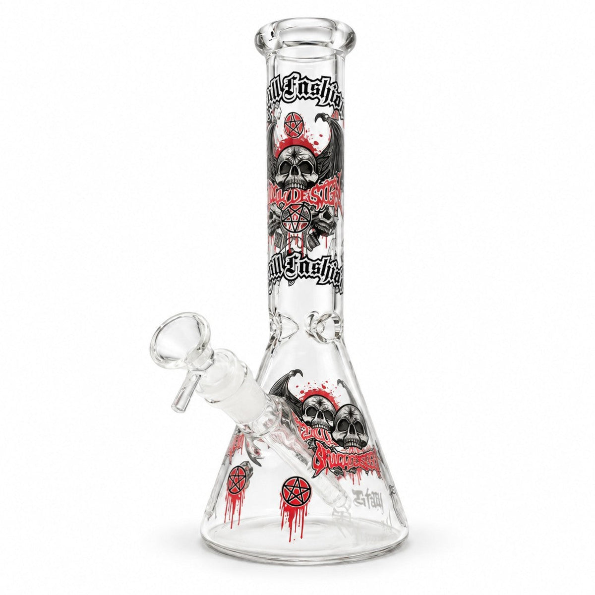 Design E skull beaker bong with black wings, skulls and red pentagram graphics on clear glass