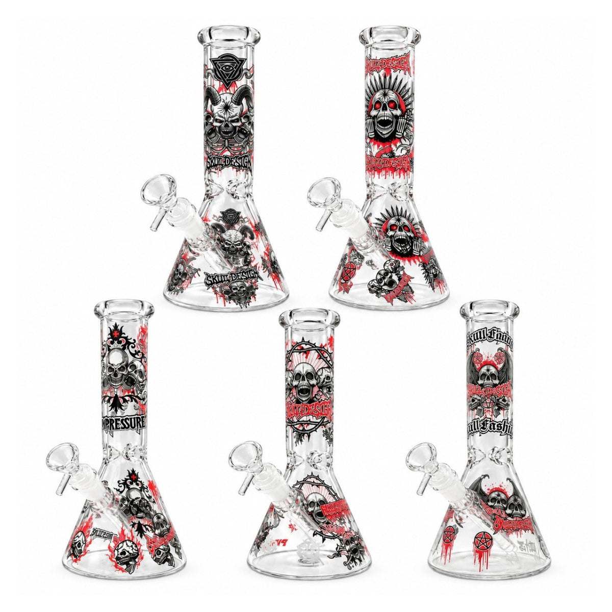 Five clear 10-inch beaker bongs with different black-and-red skull and gothic graphics