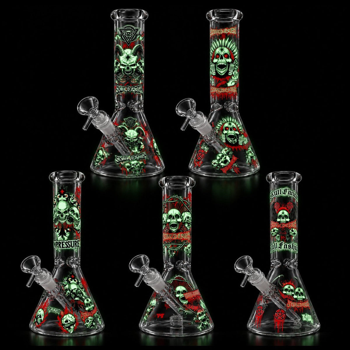 Five skull beaker bong designs with their printed artwork glowing green in the dark