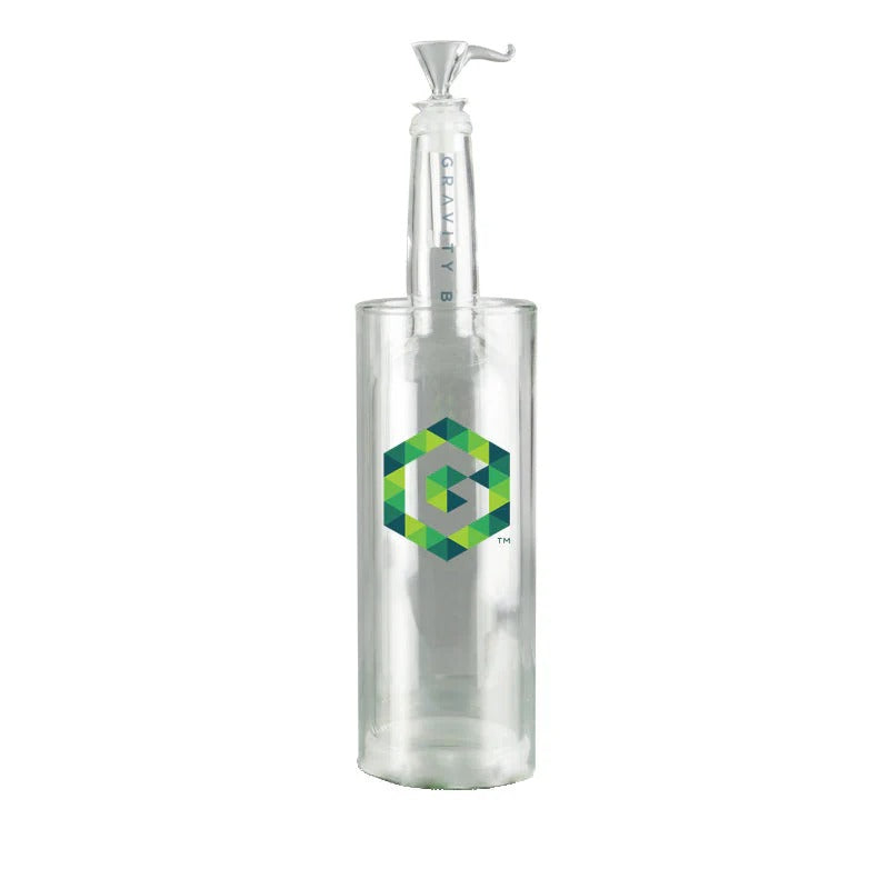 Gravity B Aurora 12-inch glass gravity water pipe with cylinder, funnel top, handle and green-blue logo