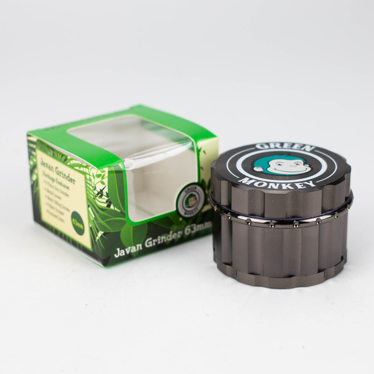 63MM Green Gunmetal Herb Grinder with Package from Green Monkey