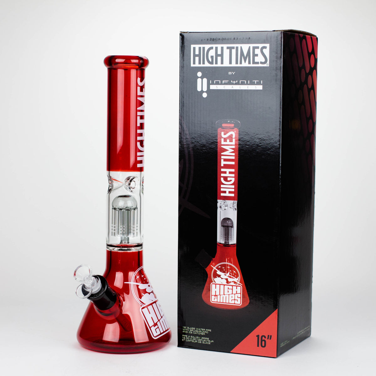 Infyniti 16 inch High Times Tree-Arm Perc Bong next to packaging