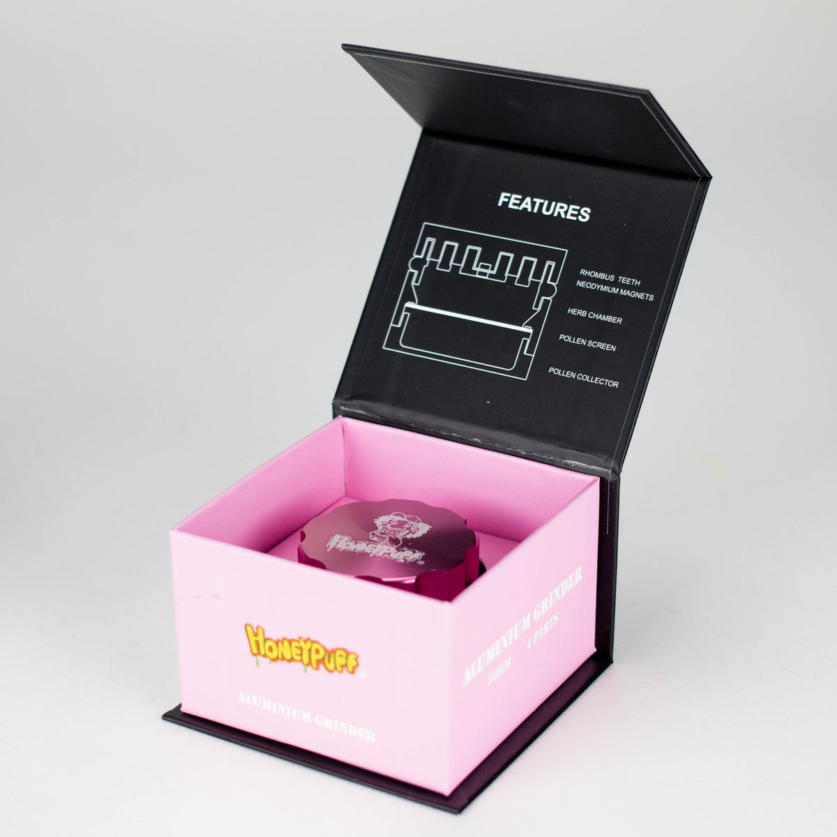 Honey Puff 4-Piece Metal Herb Grinder inside Packaging