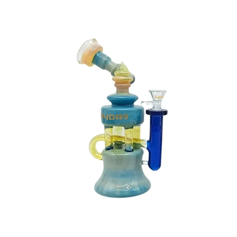 Blue HYDRO multi-chamber bong with blue side tube, amber-toned handle and angled mouthpiece