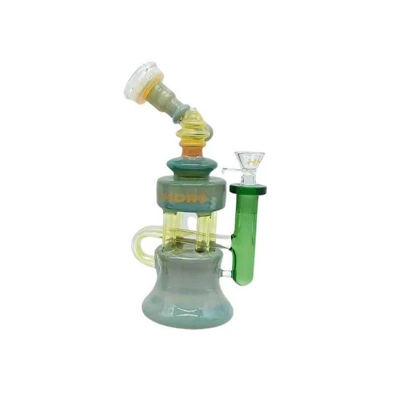 Green HYDRO glass bong showing stacked chambers, green side tube, bent neck and separate handle