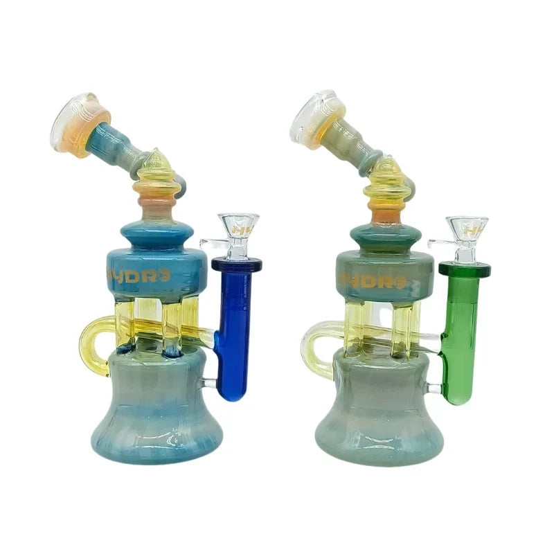 Blue and Green HYDRO multi-chamber bongs with bent necks, glass handles and coloured side tubes