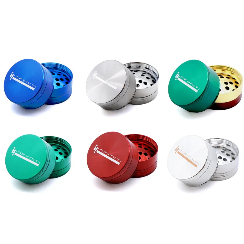 Six Infyniti 50mm zinc grinders in Blue, Black Nickel, Rasta, Green, Red and White Nickel finishes