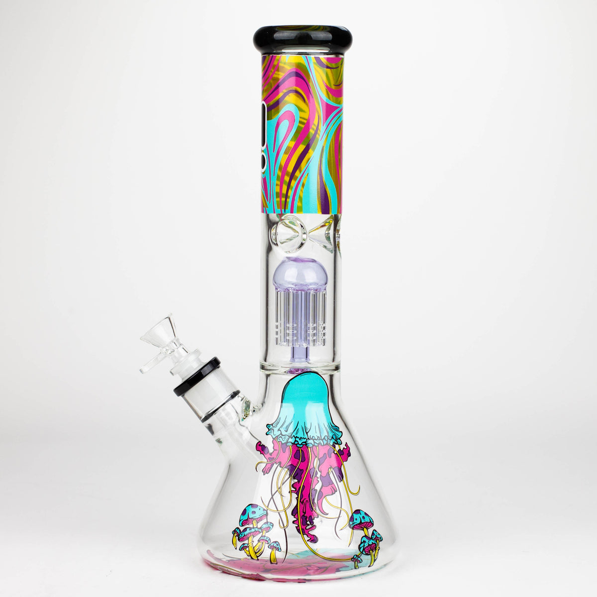 Side View of the Infyniti 14 inch tree arm percolator bong with Jellyfish Artwork