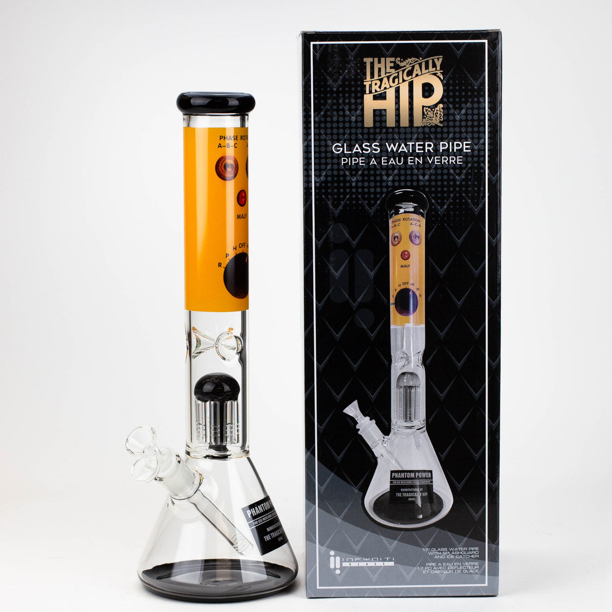 15.5 Inch Tragically Hip 8-Arm Tree Perc Bong Next To Packaging By Infyniti