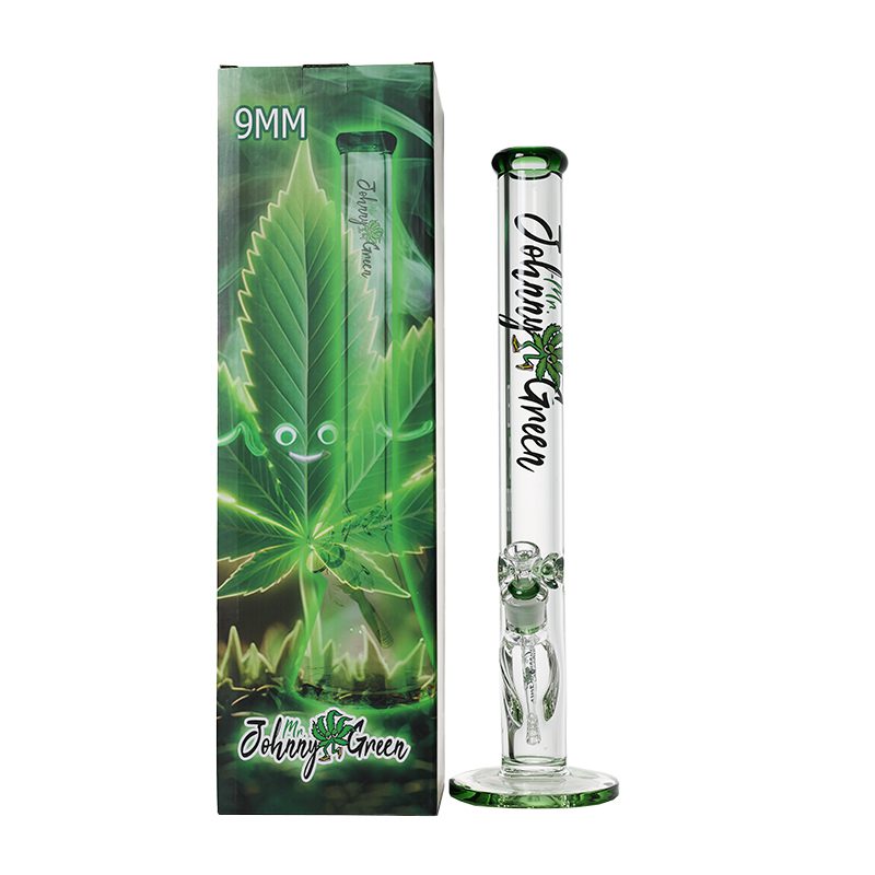 Johnny Green Thick Straight Tube Bong With Grid Perc next to packaging