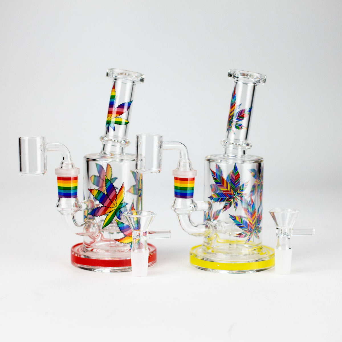 Red-base and Yellow-base leaf print hybrid rigs with rainbow accents, bangers and separate bowls
