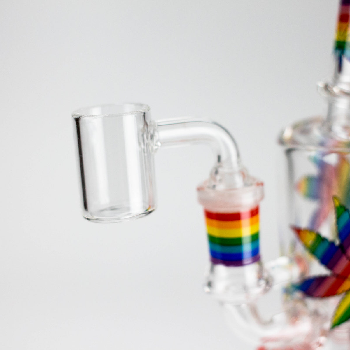 Included banger attached to the rainbow-striped joint of the leaf print glass rig