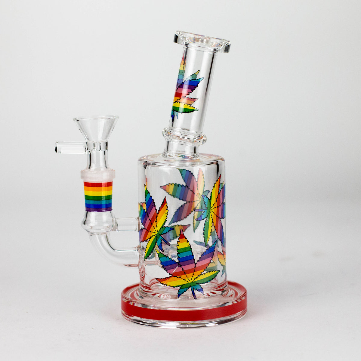 Side view of red-base leaf print hybrid rig with herb bowl, angled neck and rainbow joint band