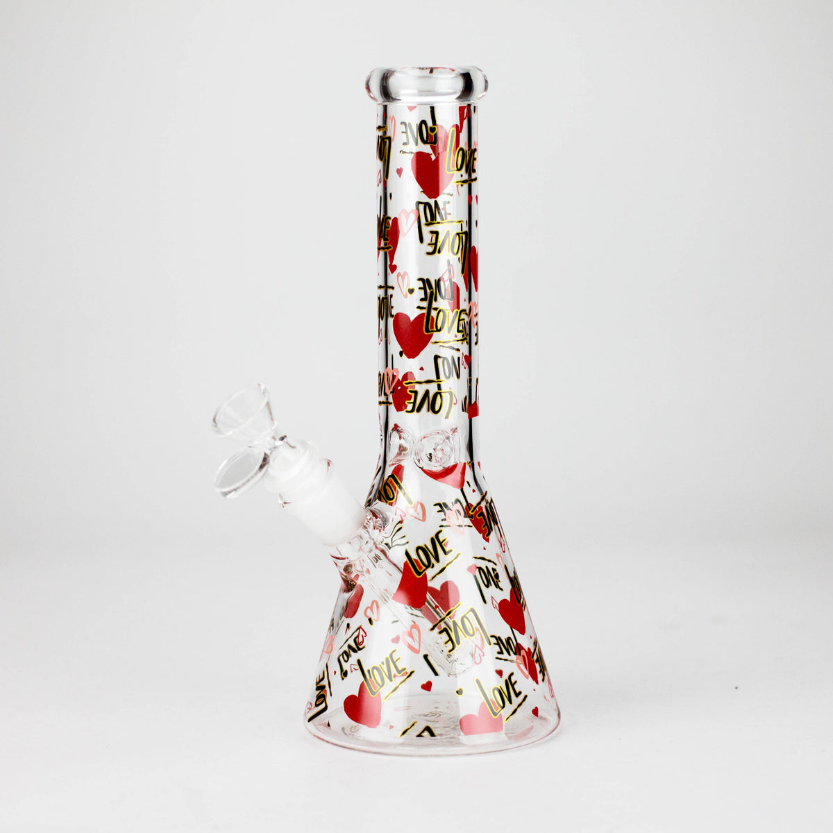 Design 1 clear beaker bong covered in red hearts and black-and-gold LOVE lettering
