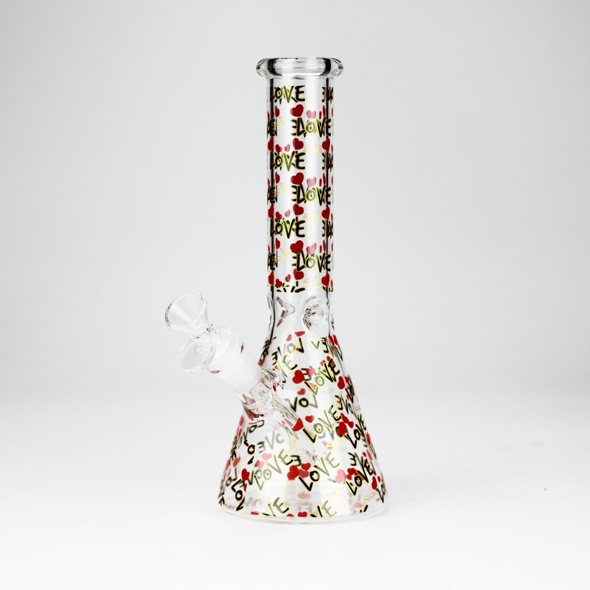 Design 2 Love beaker bong with repeating LOVE lettering and small red hearts across clear glass
