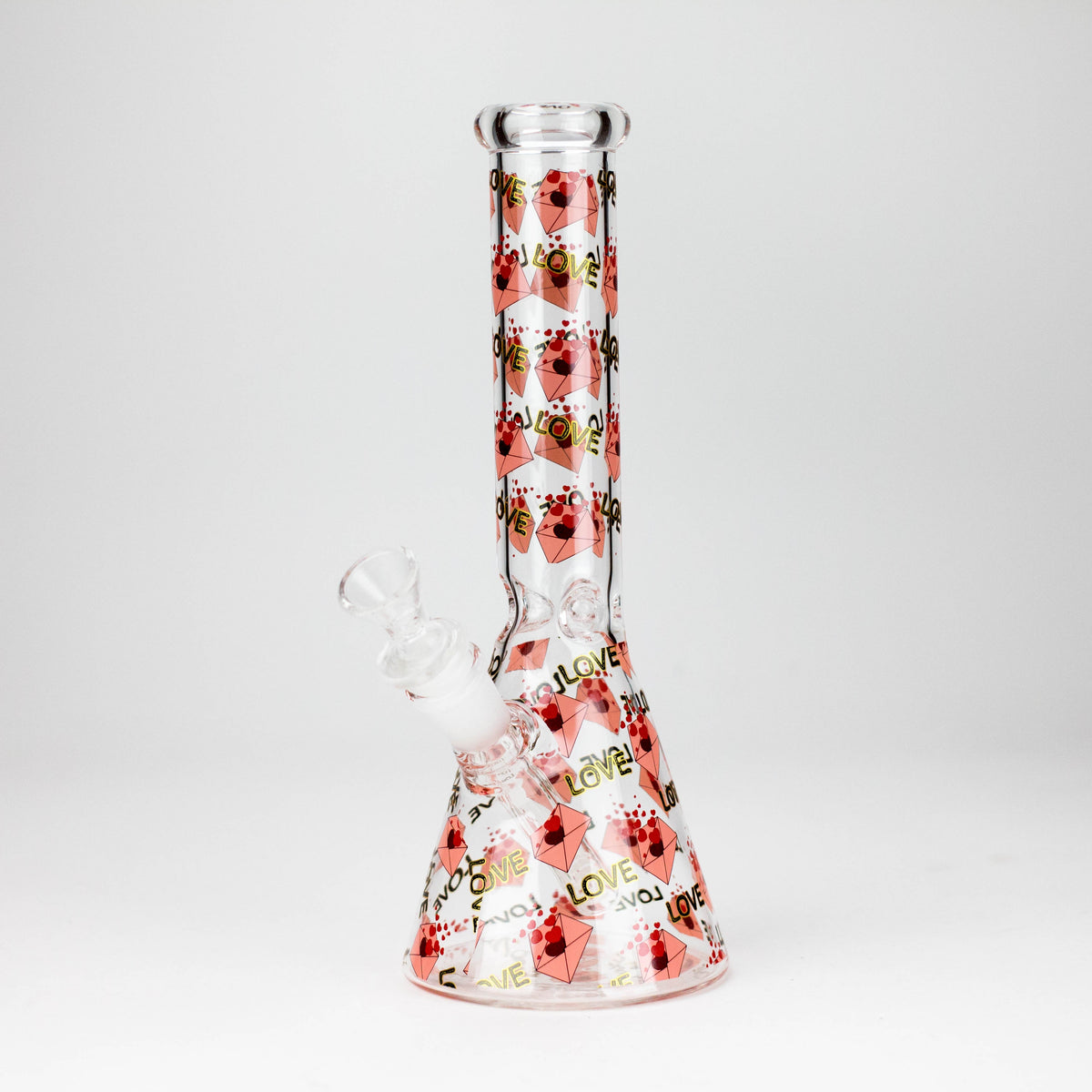 Design 3 beaker bong with pink love-letter envelopes, red hearts and LOVE lettering