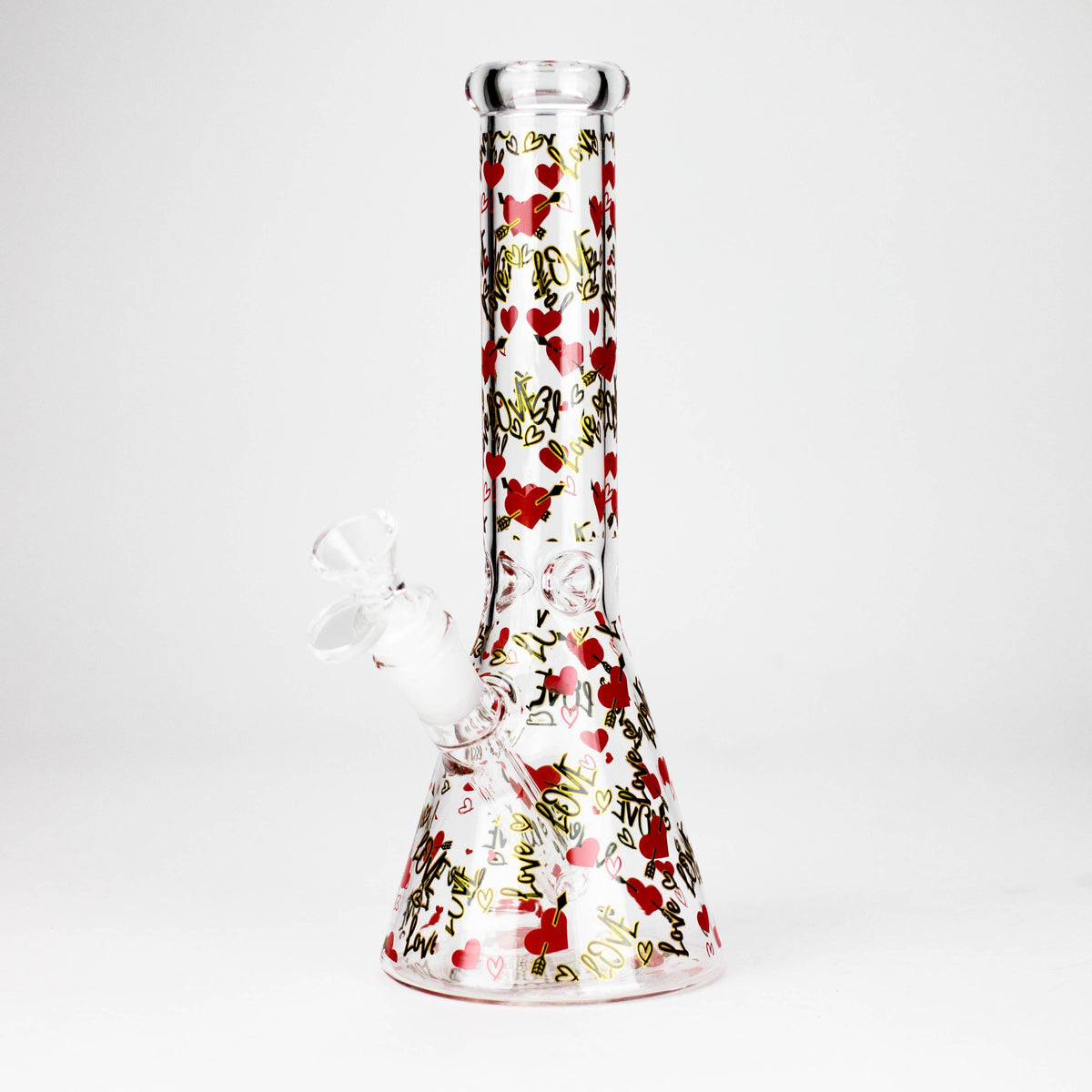 Design 4 Love and Roses glass beaker with red roses, pink hearts and cursive lettering