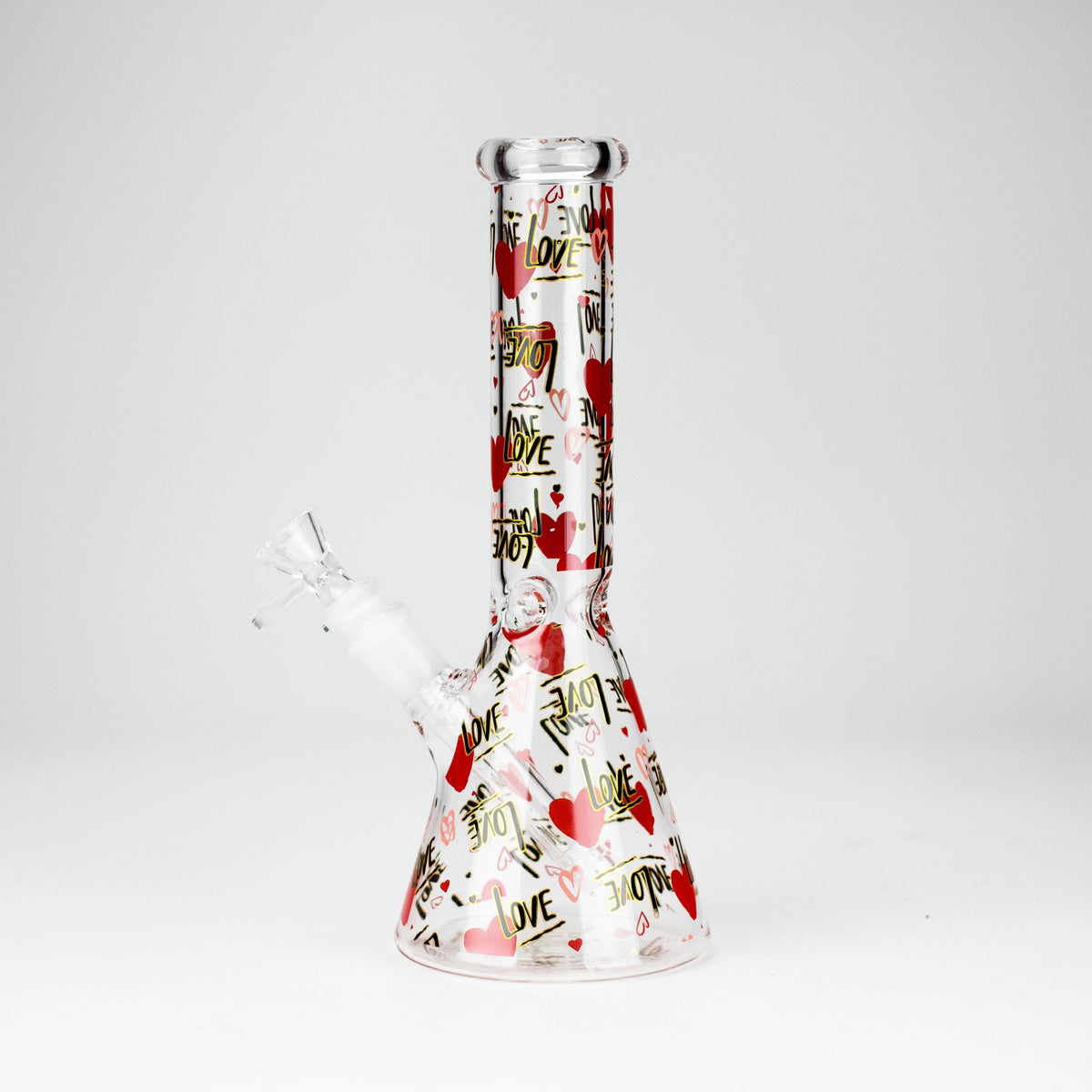 Side view of the heart-print Love beaker bong showing removable bowl and clear downstem