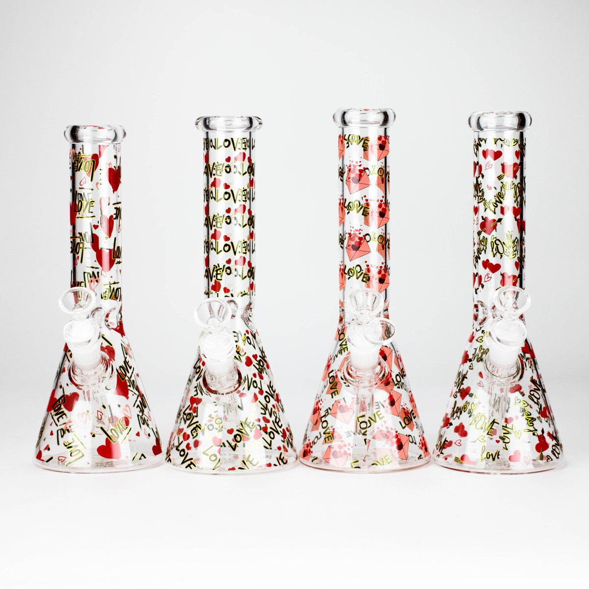 Four clear 10-inch Love and Roses beaker bongs with heart, rose and love-letter graphics