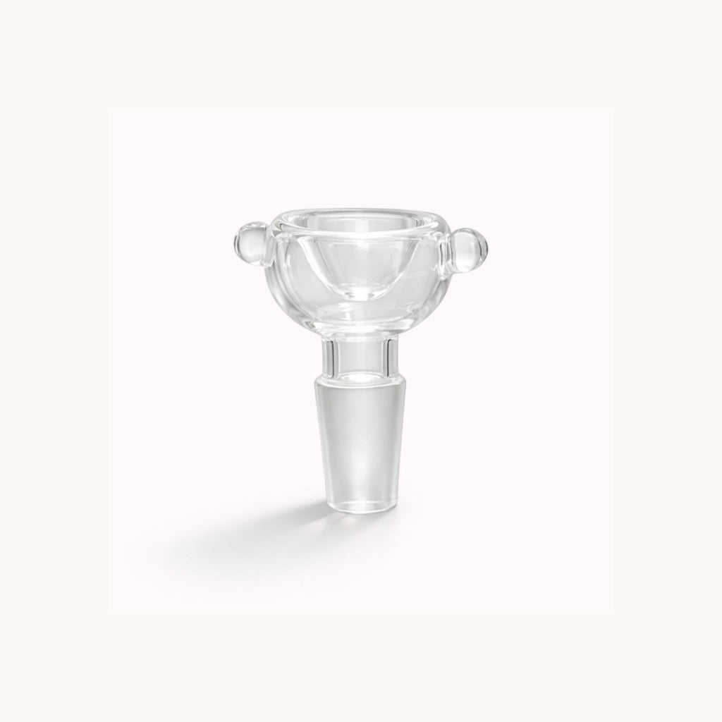 Clear 14mm male glass bowl included with the Mini Crown bong, shown separately with two small handles