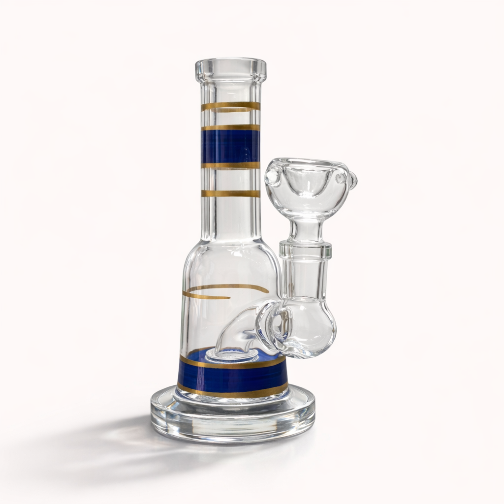 Mini Crown 6-inch circ perc glass bong with blue and gold bands, clear bowl and thick round base