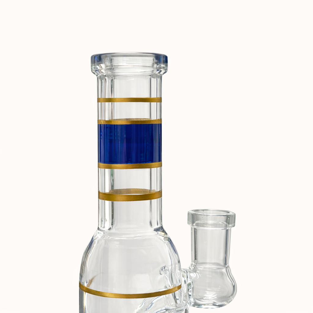 Mini Crown neck close-up showing blue and gold bands, flared mouthpiece and empty bowl joint