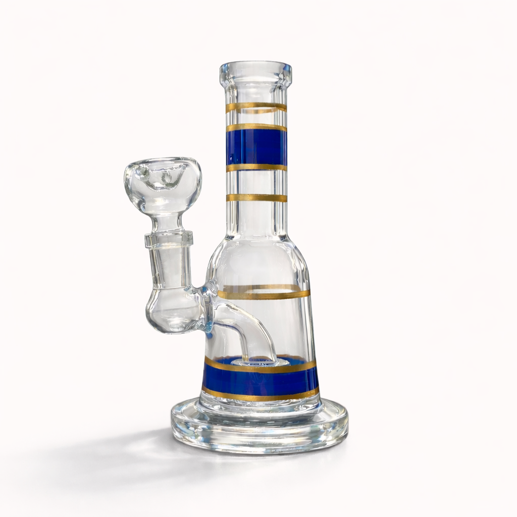 Opposite-side view of the blue Mini Crown bong with its glass bowl and curved external joint