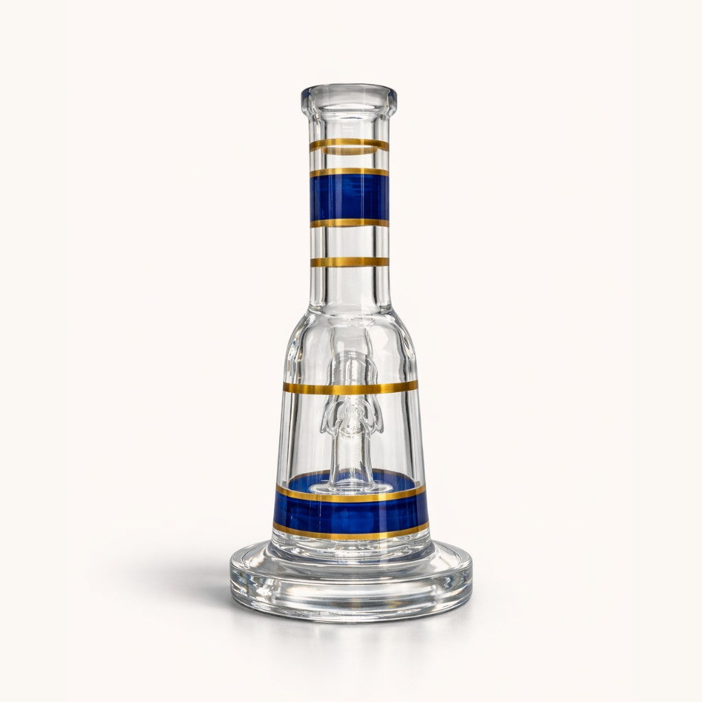 Rear view of the Mini Crown blue-and-gold circ perc bong showing its clear chamber and round base