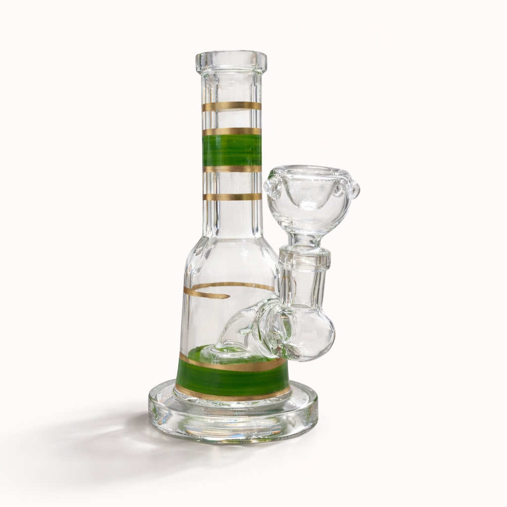Mini Crown 6-inch glass bong with green and gold bands, built-in circ perc and clear glass bowl