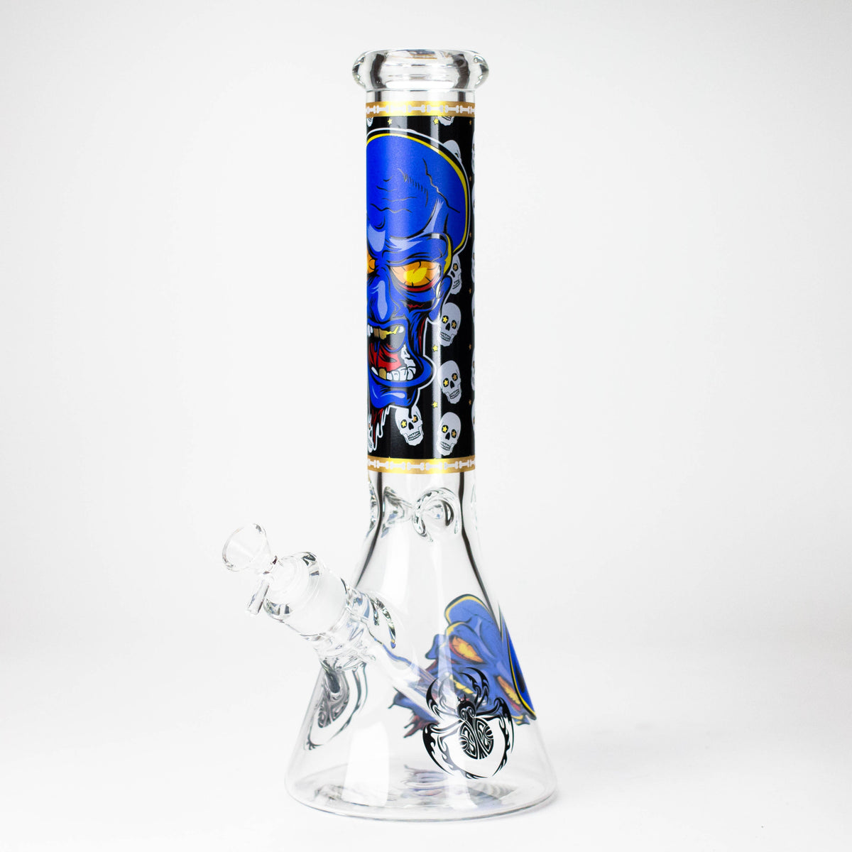 Blue monster face and small skull graphics printed on a clear 7mm glass beaker bong