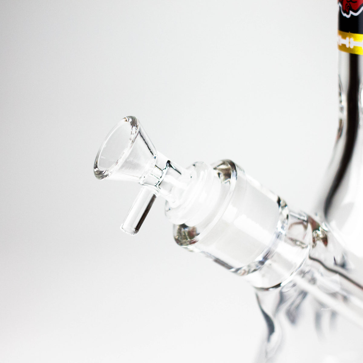 Close-up of the handled removable glass bowl and downstem joint on the monster beaker bong