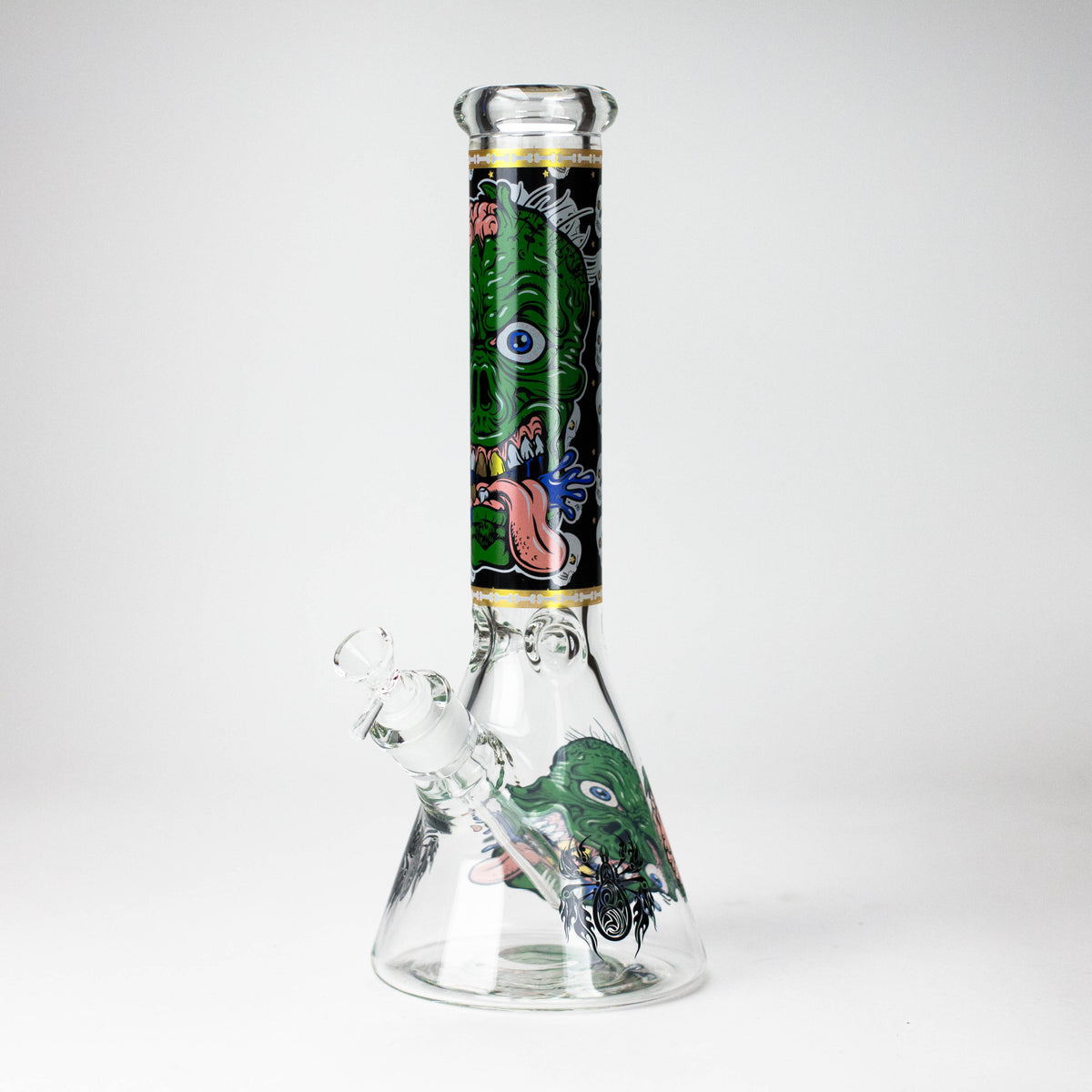 Green monster artwork with a blue eye and pink tongue on a 14-inch beaker bong