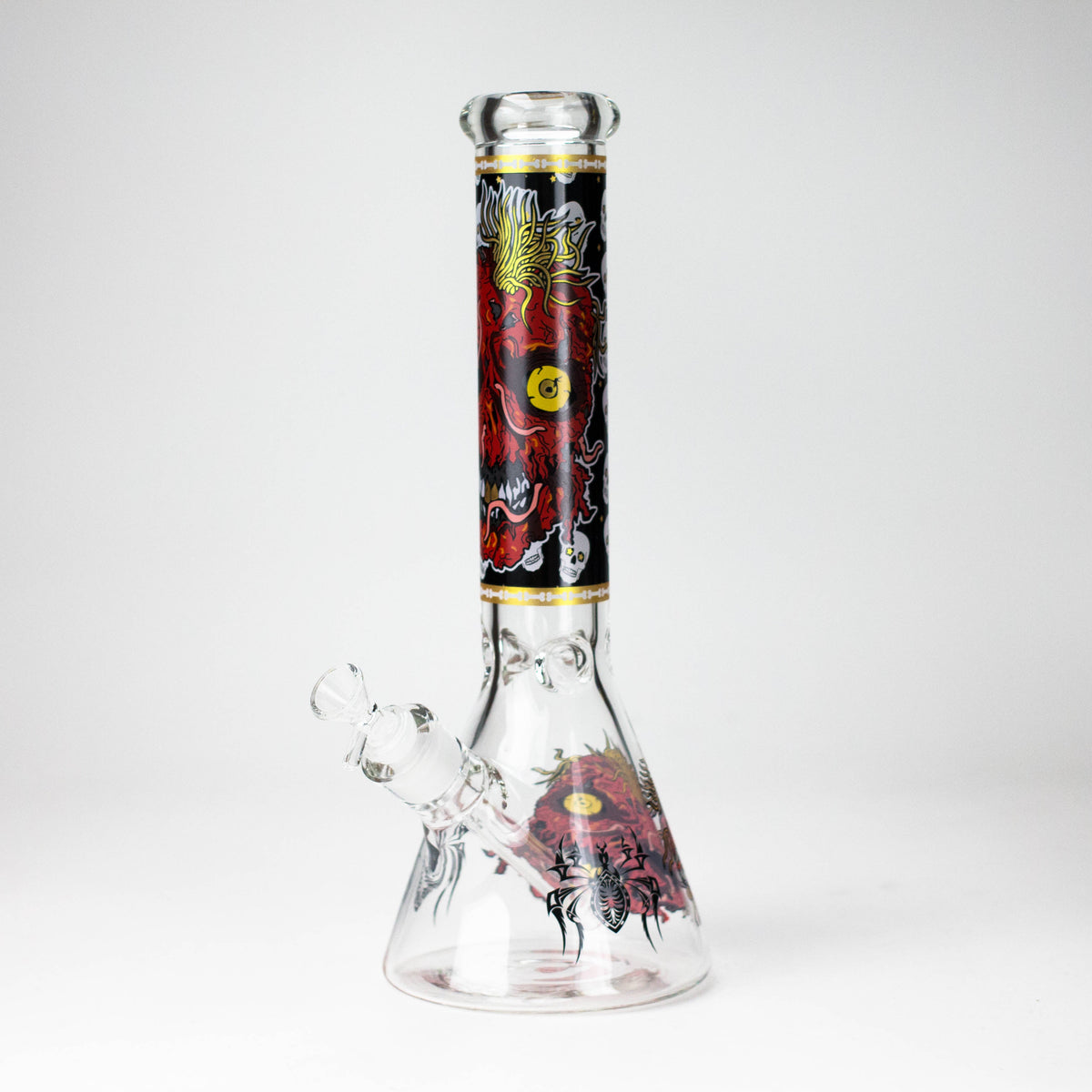 Red monster face printed on the neck and base of a clear 14-inch glass beaker bong